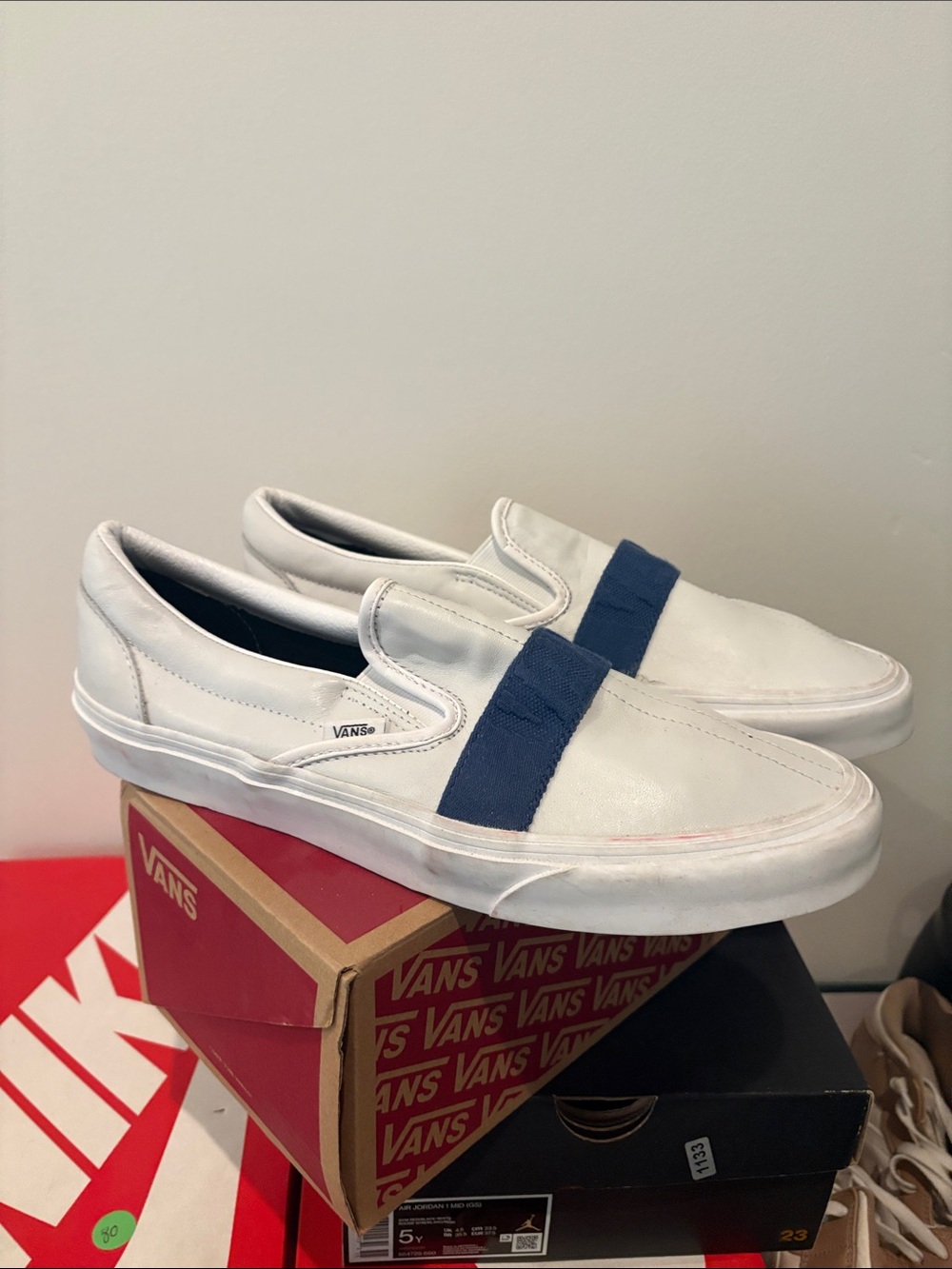 Vans Men’s White Leather Slip-On with Navy Strap
